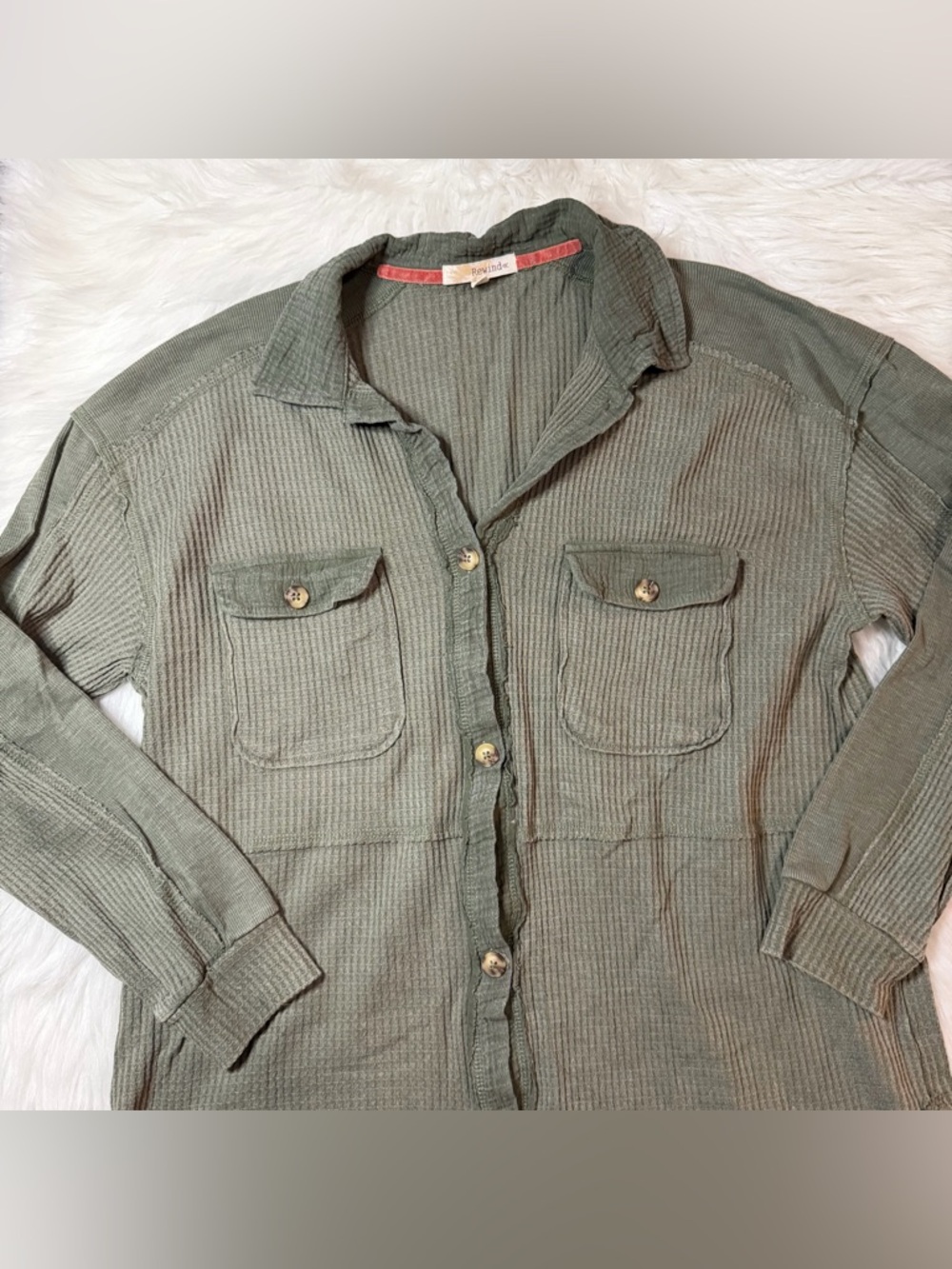 Rewind Button Front Knit Shacket Green XL - Picture 3 of 9